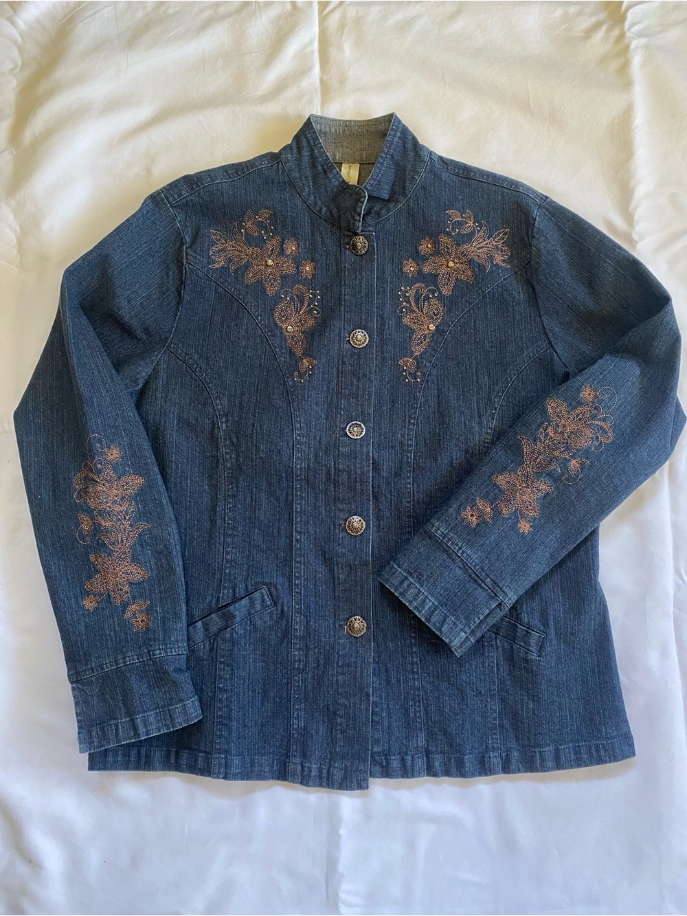 Decorated Originals Embroidered Dark Blue Denim Button-Up Jacket